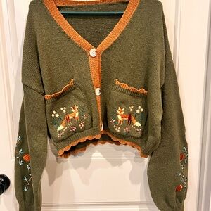 Fox & Flower Olive Green and Orange Women's Sweater Fall